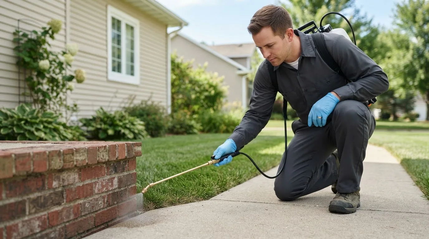 Pest control technician treating a home near Lagrange, WY